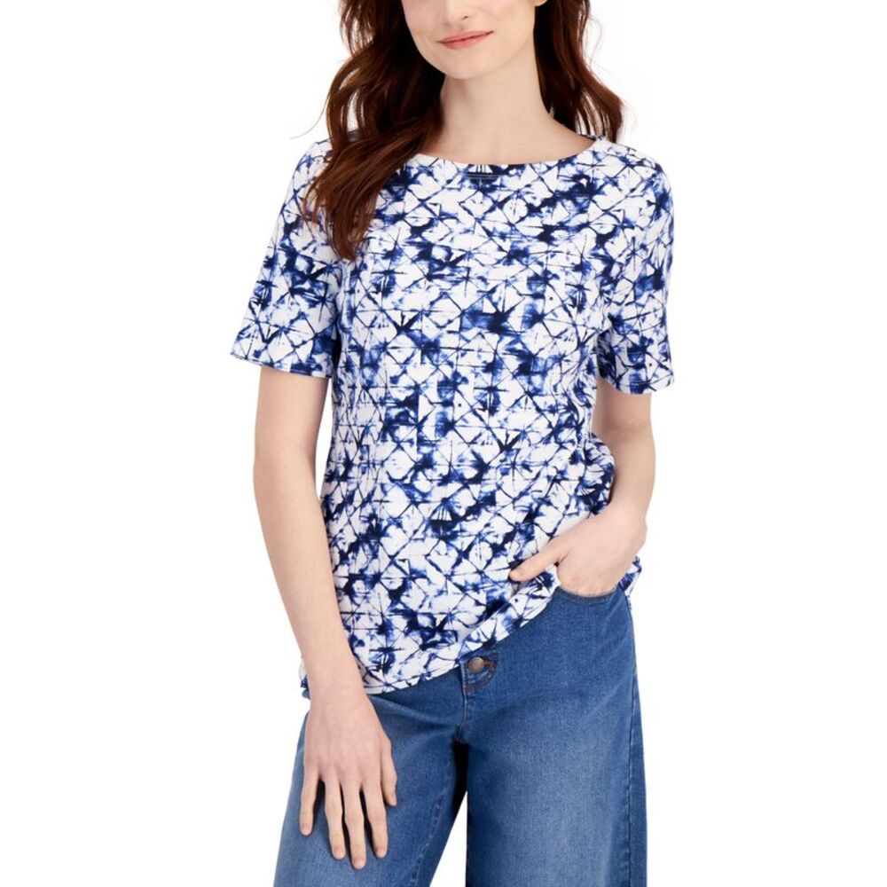 Charter Club Petite Cotton Everyday Dye-Print Boat-Neck Top